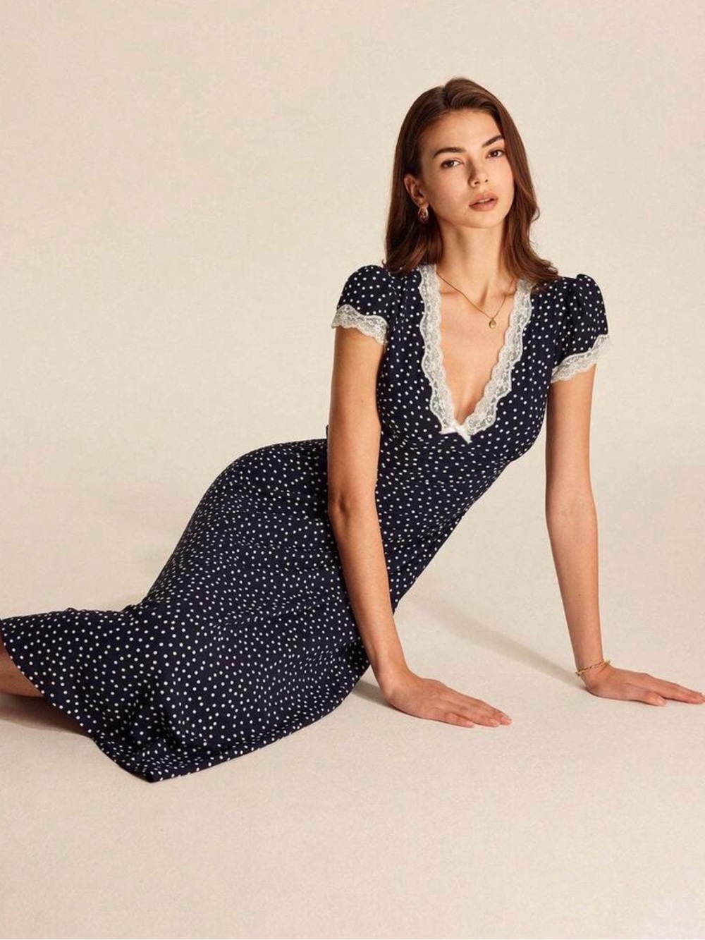 Navy Polka Dot Midi Dress with Lace-Trim V-Neck